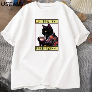 More Espresso Less Depresso Cat Drinking Coffee Funny T Shirt for Men Women Japanese Style Ca 2910