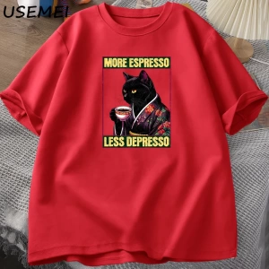 More Espresso Less Depresso Cat Drinking Coffee Funny T Shirt for Men Women Japanese Style Ca 2910