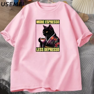More Espresso Less Depresso Cat Drinking Coffee Funny T Shirt for Men Women Japanese Style Ca 2910