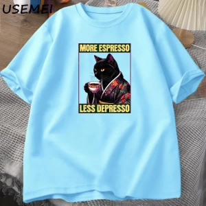 More Espresso Less Depresso Cat Drinking Coffee Funny T Shirt for Men Women Japanese Style Ca 2910