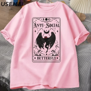 Mothman Tarot kartı kelebek T-shirt adam Vintage pamuk kısa kollu T Shirt Streetwear rahat yu 2890