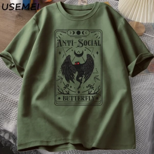 Mothman Tarot kartı kelebek T-shirt adam Vintage pamuk kısa kollu T Shirt Streetwear rahat yu 2890