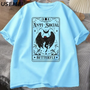 Mothman Tarot kartı kelebek T-shirt adam Vintage pamuk kısa kollu T Shirt Streetwear rahat yu 2890