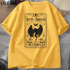 Mothman Tarot kartı kelebek T-shirt adam Vintage pamuk kısa kollu T Shirt Streetwear rahat yu 2890