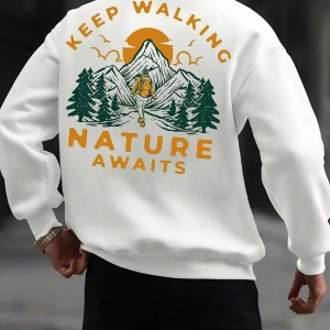 Mountain & Slogan Graphic Drop Shoulder Sweatshirt Beyaz