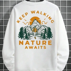 Mountain & Slogan Graphic Drop Shoulder Sweatshirt Beyaz