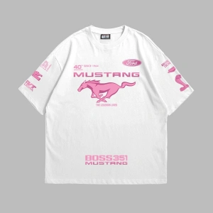 Mstng Racing Baskılı Oversize Unisex Beyaz
