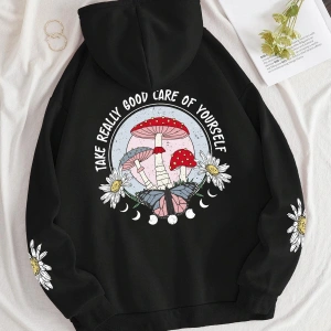Mushroom & Slogan Graphic Kangaroo Pocket Drawstring Hoodie Siyah