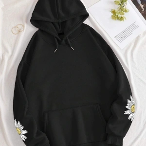 Mushroom & Slogan Graphic Kangaroo Pocket Drawstring Hoodie Siyah