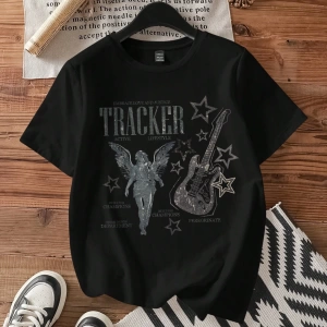 Müzik Festivali Rahat Bol Gitar Melek Grafik Yuvarlak Yaka Kısa Kollu Kadın Tişörtü,