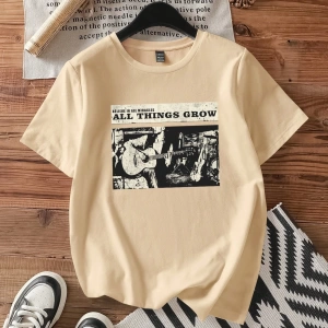 Müzik Festivali Rahat Gevşek Grup Baskılı Yuvarlak Yaka Kısa Kollu Pamuklu Tişört Ka