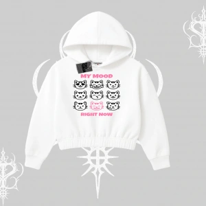 My Mood Right Now Yazılı Sevimli Kedi Kapşonlu Crop Sweatshirt