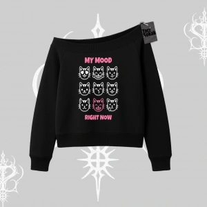 My Mood Right Now Yazılı Sevimli Kedi Kayık Yaka Sweatshirt