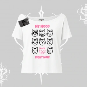 My Mood Right Now Yazılı Sevimli Kedi Kayık Yaka Tshirt
