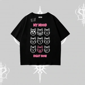 My Mood Right Now Yazılı Sevimli Kedi Oversize Tshirt