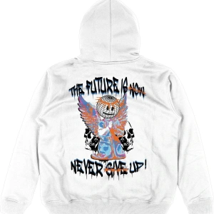 Never Give Up Beyaz Oversize Unisex Kapüşonlu Sweatshirt Hoodie