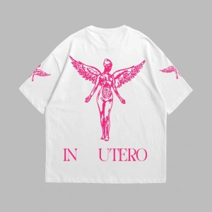 Nirvana In Utero Pembe Baskılı Oversize Unisex Beyaz
