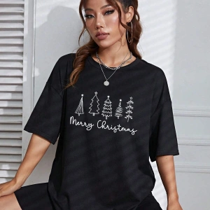 Noel Baskılı Damla Omuz Tişört