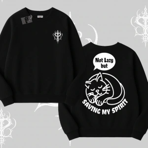 Not Lazy Saving My Spirit Kedi Baskılı Biskilet Sweatshirt