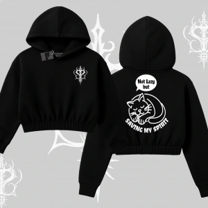 Not Lazy Saving My Spirit Kedi Baskılı Kapşonlu Crop Sweatshirt