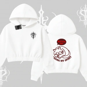 Not Lazy Saving My Spirit Kedi Baskılı Kapşonlu Crop Sweatshirt