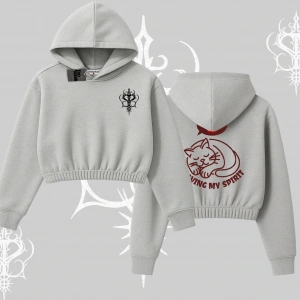 Not Lazy Saving My Spirit Kedi Baskılı Kapşonlu Crop Sweatshirt