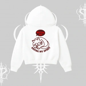 Not Lazy Saving My Spirit Kedi Baskılı Kapşonlu Crop Sweatshirt