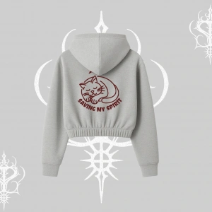 Not Lazy Saving My Spirit Kedi Baskılı Kapşonlu Crop Sweatshirt