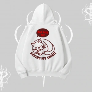 Not Lazy Saving My Spirit Kedi Baskılı Kapşonlu Sweatshirt