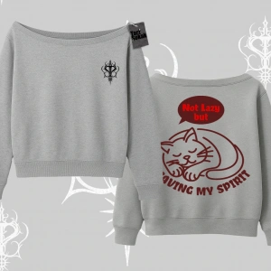 Not Lazy Saving My Spirit Kedi Baskılı Kayık Yaka Sweatshirt