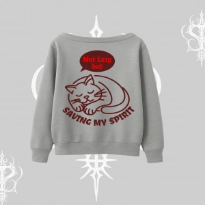 Not Lazy Saving My Spirit Kedi Baskılı Kayık Yaka Sweatshirt