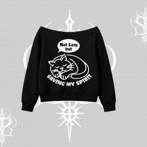 Not Lazy Saving My Spirit Kedi Baskılı Kayık Yaka Sweatshirt