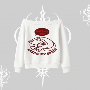 Not Lazy Saving My Spirit Kedi Baskılı Kayık Yaka Sweatshirt