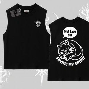 Not Lazy Saving My Spirit Kedi Baskılı Kolsuz Tshirt