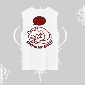 Not Lazy Saving My Spirit Kedi Baskılı Kolsuz Tshirt