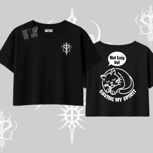 Not Lazy Saving My Spirit Kedi Baskılı Oversize Crop Tshirt