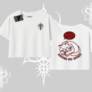 Not Lazy Saving My Spirit Kedi Baskılı Oversize Crop Tshirt