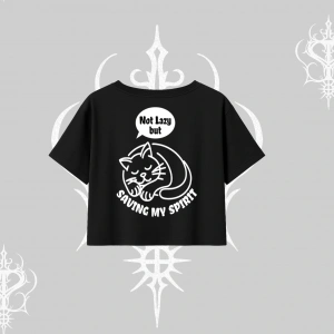 Not Lazy Saving My Spirit Kedi Baskılı Oversize Crop Tshirt