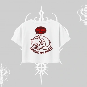 Not Lazy Saving My Spirit Kedi Baskılı Oversize Crop Tshirt
