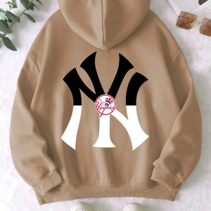 NY Renkli Baskılı Oversize Kapüşonlu Sweatshirt Bej