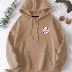 NY Renkli Baskılı Oversize Kapüşonlu Sweatshirt Bej