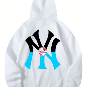 NY Renkli Baskılı Oversize Kapüşonlu Sweatshirt Beyaz