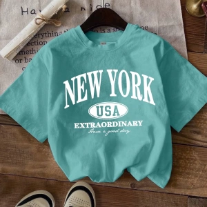 Okula Dönüş New York Rahat Harfli Grafik Düzenli Yuvarlak Yaka Kısa Kollu Kadın Ti