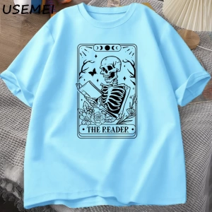 Okuyucu Tarot Kartı T-Shirt İskelet Okuma T Shirt Yaz Pamuk Kitap Sevgilisi Bookish Tshirt Er 2862