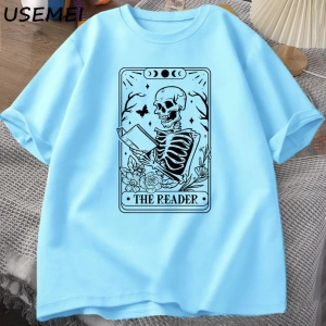 Okuyucu Tarot kartı T-Shirt iskelet okuma T Shirt yaz pamuk kitap sevgilisi Bookish Tshirt er