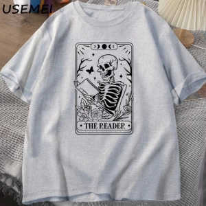 Okuyucu Tarot kartı T-Shirt iskelet okuma T Shirt yaz pamuk kitap sevgilisi Bookish Tshirt er