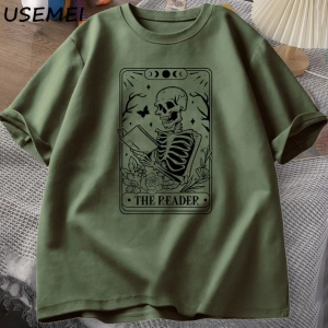 Okuyucu Tarot kartı T-Shirt iskelet okuma T Shirt yaz pamuk kitap sevgilisi Bookish Tshirt er