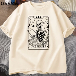 Okuyucu Tarot kartı T-Shirt iskelet okuma T Shirt yaz pamuk kitap sevgilisi Bookish Tshirt er