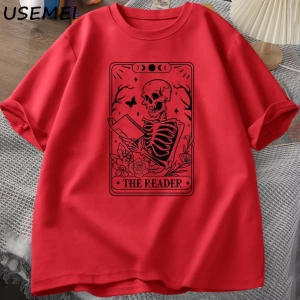 Okuyucu Tarot kartı T-Shirt iskelet okuma T Shirt yaz pamuk kitap sevgilisi Bookish Tshirt er