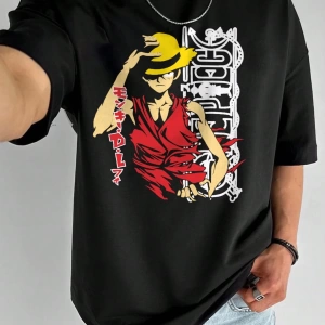 ONE PIECE Karikatür Baskılı Kısa Kollu Tişört, Rahat Yaz Erkek